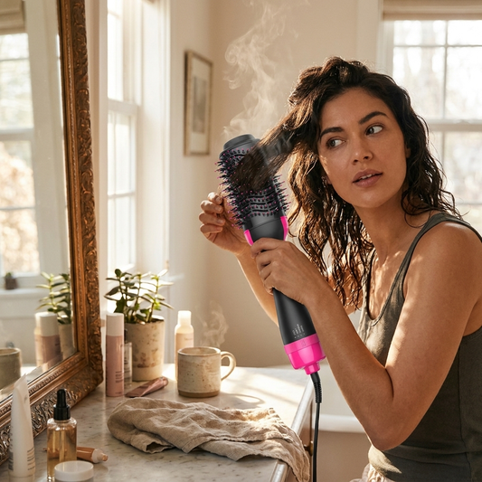 Hot air styling brush in use at mirror — lifestyle