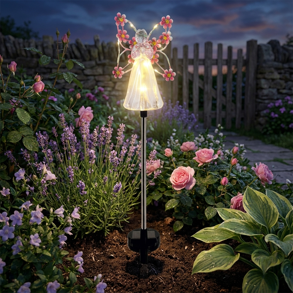 Solar angel garden stake glowing at twilight — lifestyle
