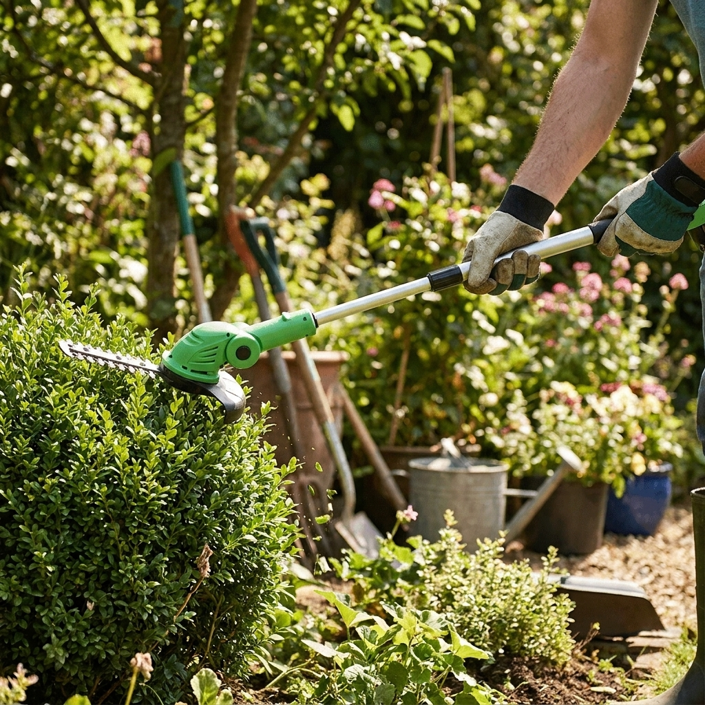 Hedge trimmer scissors trimming shrub — lifestyle