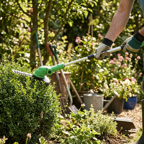 Hedge trimmer scissors trimming shrub — lifestyle