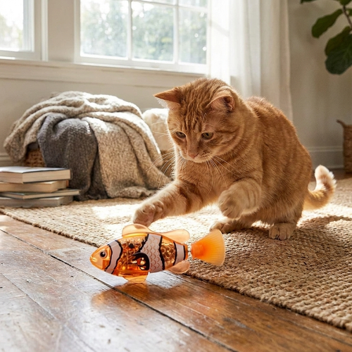 Cat playing with swimming fish toy — lifestyle