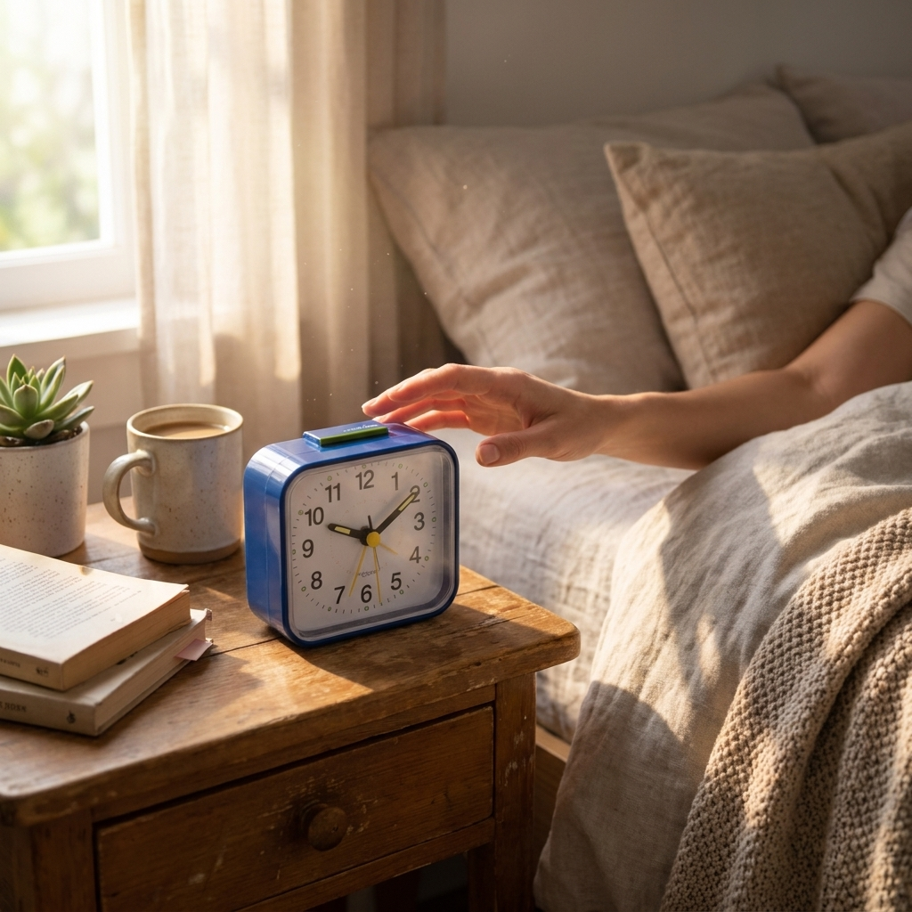 Alarm clock on nightstand in morning light — lifestyle