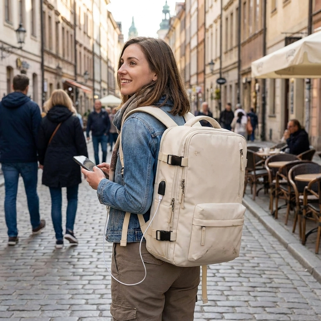 Travel backpack worn in airport — lifestyle