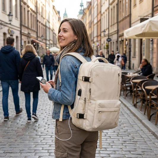 Travel backpack worn in airport — lifestyle