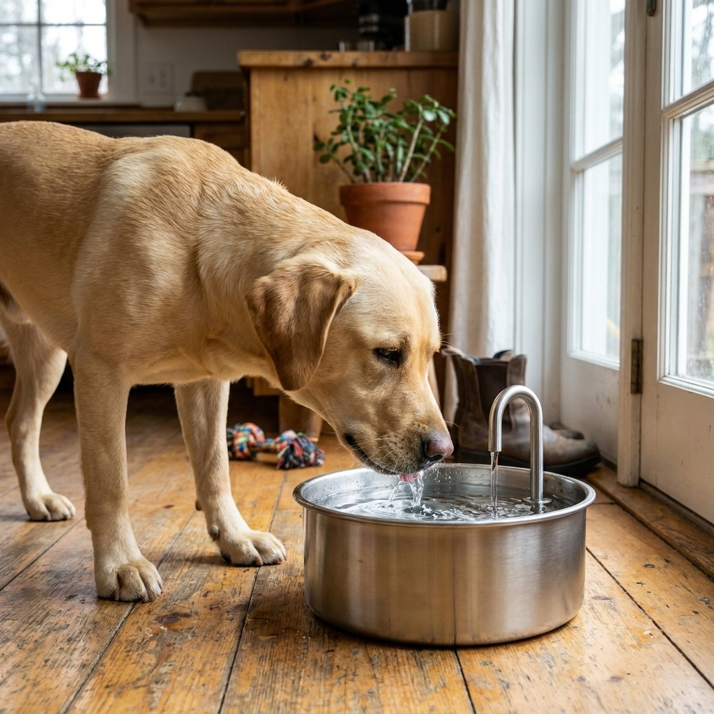 Dog drinking from pet water fountain — lifestyle