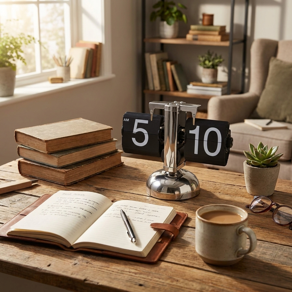 Flip card clock on home office desk — lifestyle