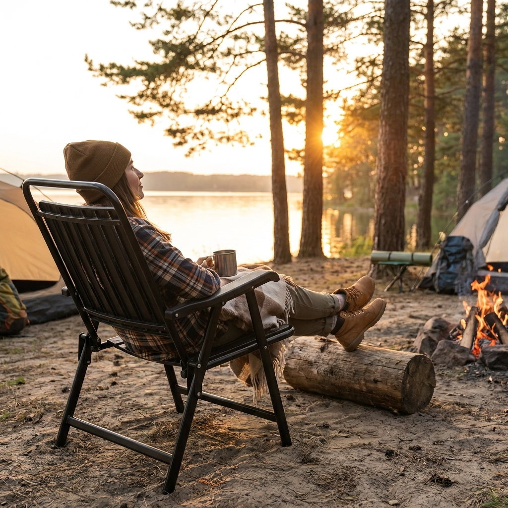 Camping chair at lakeside campsite — lifestyle