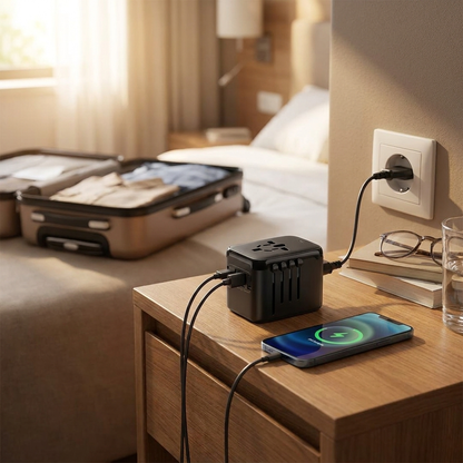 Travel adapter charging phone on hotel nightstand — lifestyle