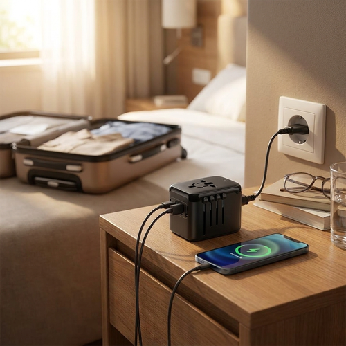Travel adapter charging phone on hotel nightstand — lifestyle
