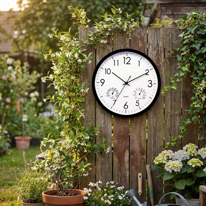 Garden clock mounted on backyard fence — lifestyle