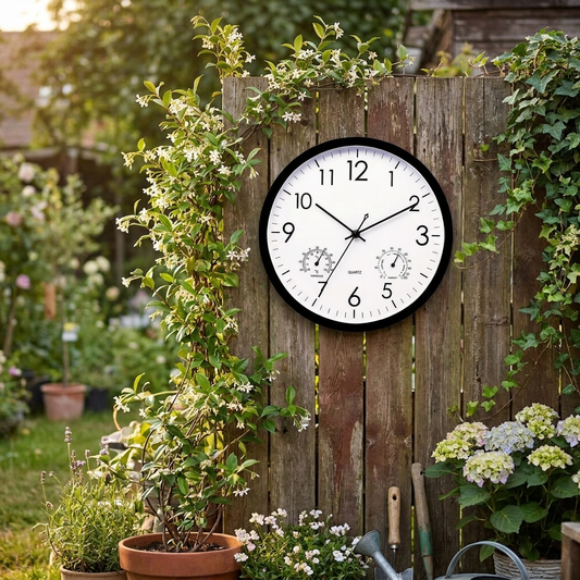 Garden clock mounted on backyard fence — lifestyle