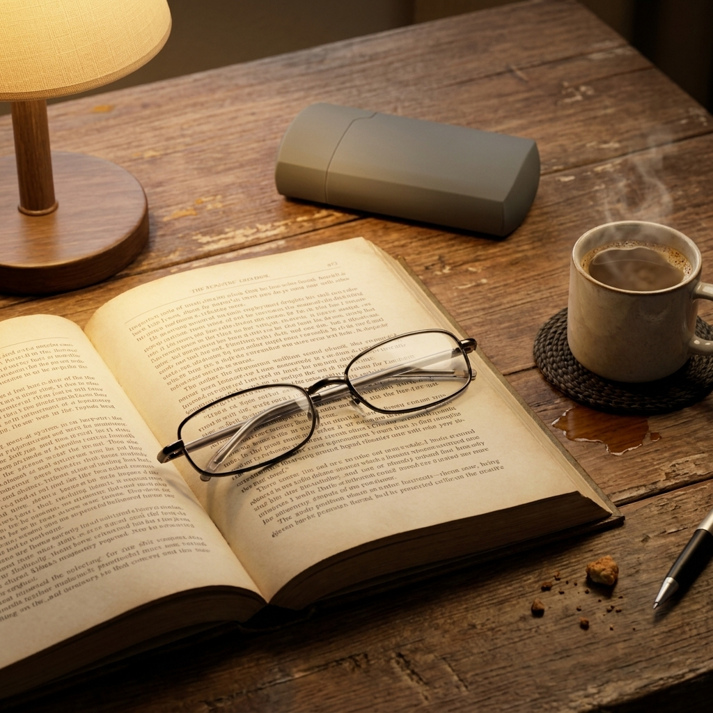 Reading glasses on open book with coffee — lifestyle
