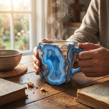 Crystal mug held with coffee at kitchen table — lifestyle