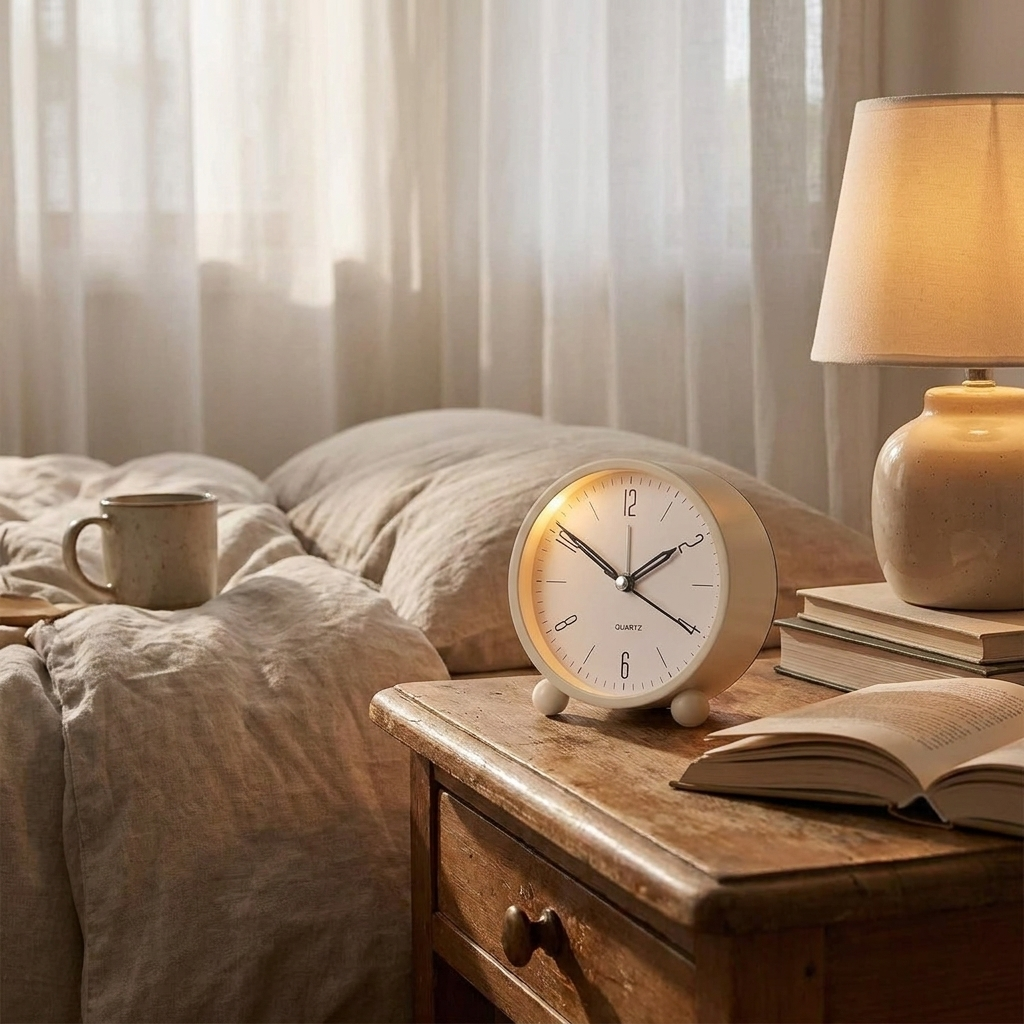 Analog alarm clock on cozy bedside table — lifestyle