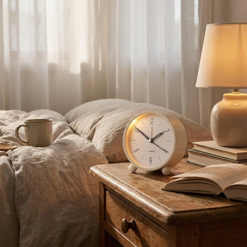 Analog alarm clock on cozy bedside table — lifestyle