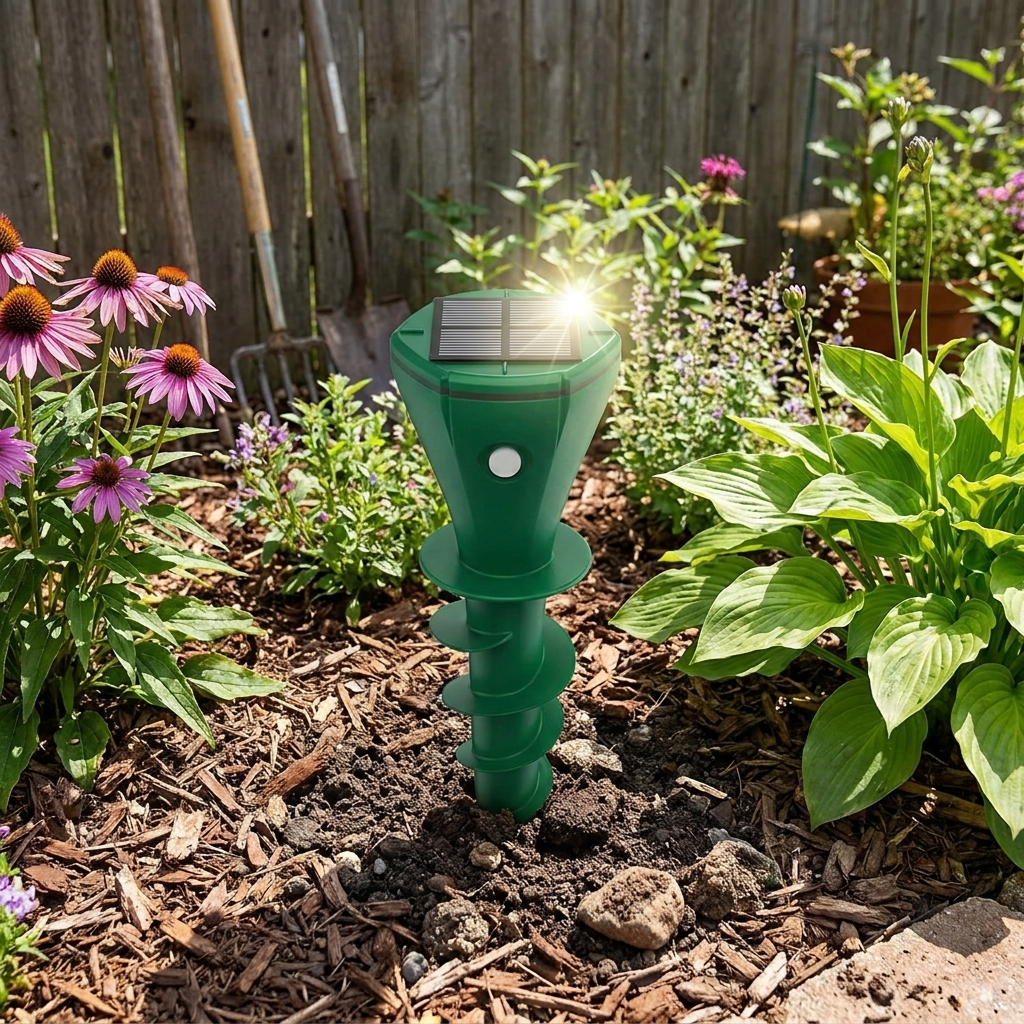 Solar pest stake in garden flower bed — lifestyle