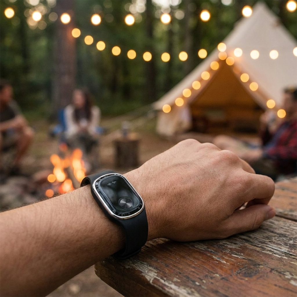 Mosquito repellent bracelet worn on wrist outdoors — lifestyle