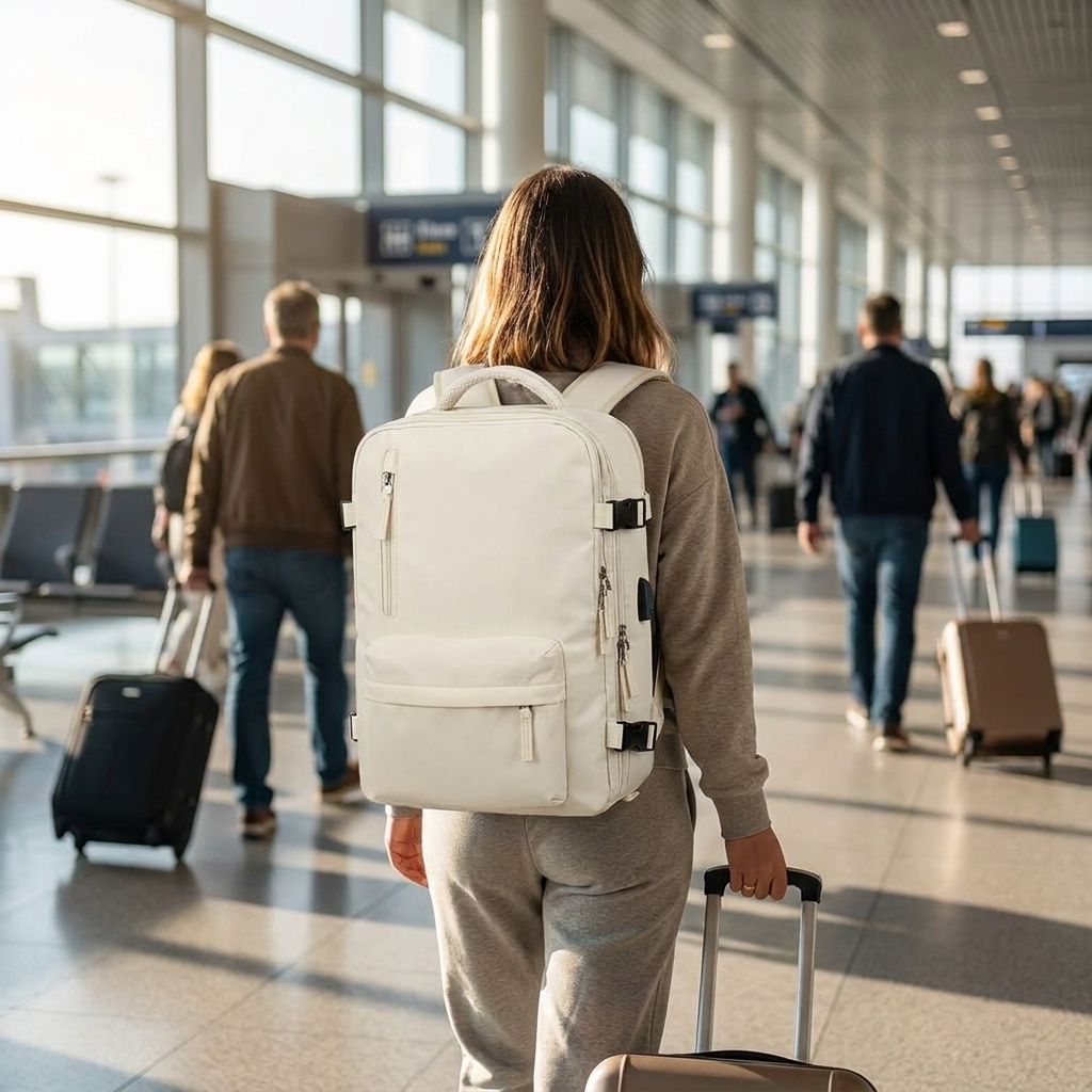 Travel backpack worn in airport terminal — lifestyle