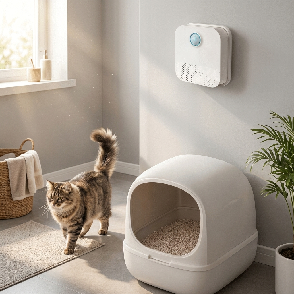Cat litter air purifier beside litter box — lifestyle