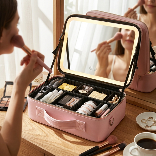 Makeup organizer with LED mirror on vanity — lifestyle
