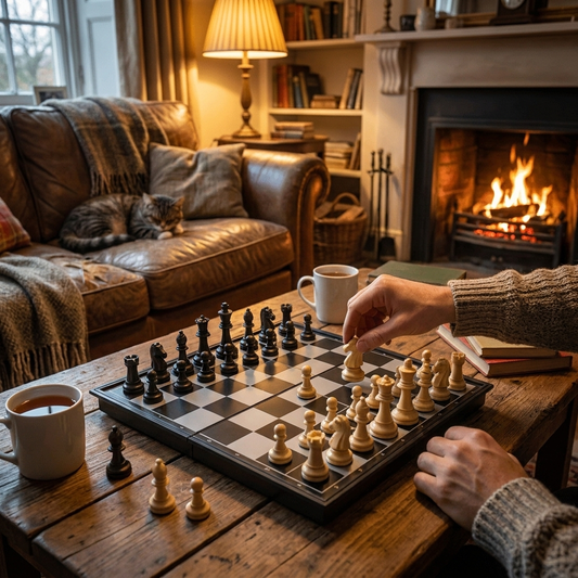 Magnetic chess set mid-game on table — lifestyle