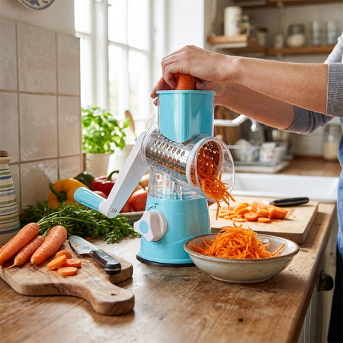 Rotary grater grating carrots in kitchen — lifestyle