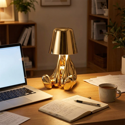Touch desk lamp lit on home-office desk — lifestyle