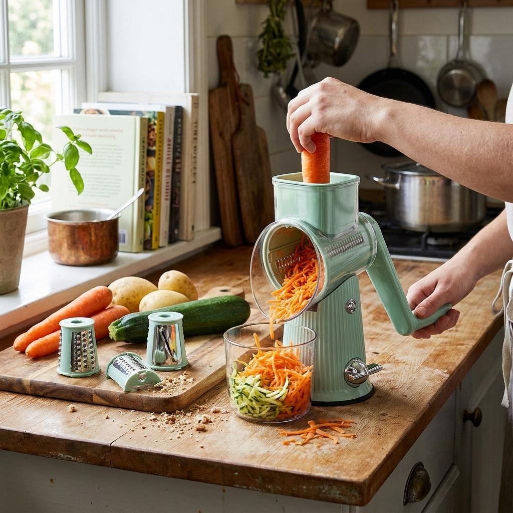 Manual grater slicing vegetables in kitchen — lifestyle