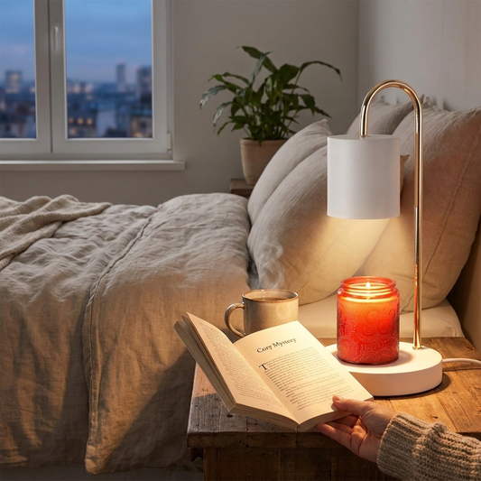 Curved arch reading lamp lighting a book — lifestyle