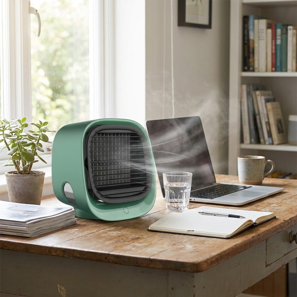 Portable air cooler on office desk — lifestyle