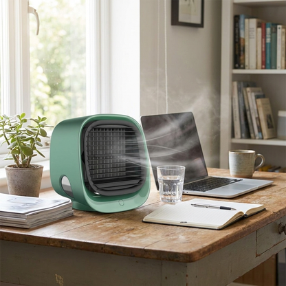 Portable air cooler on office desk — lifestyle