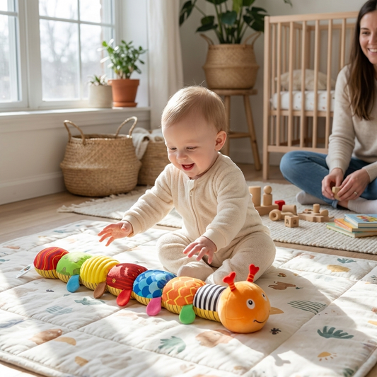 Musical caterpillar plush with baby in nursery — lifestyle