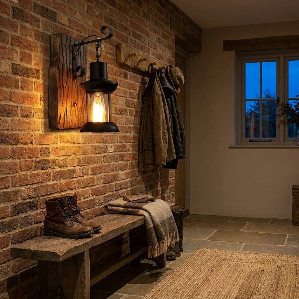 Cast iron wall light glowing in hallway — lifestyle