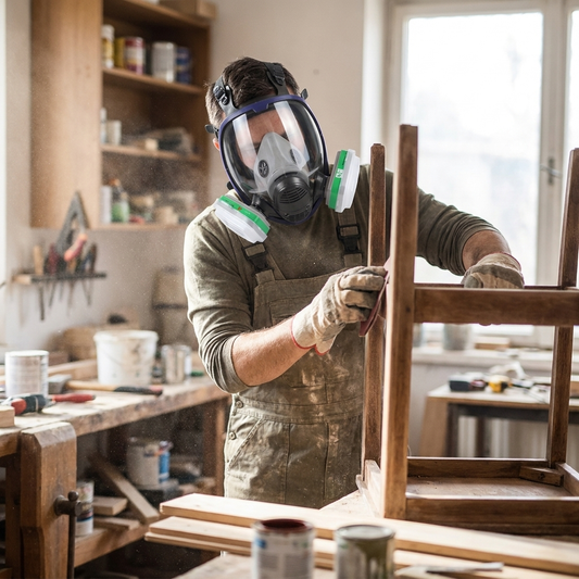Full face respirator worn by DIY worker — lifestyle