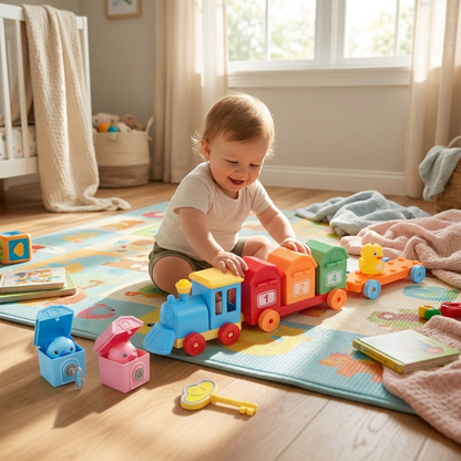 Wooden train set with child playing — lifestyle