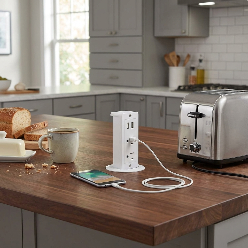 Retractable power outlet on countertop — lifestyle
