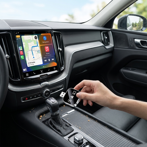Wireless CarPlay adapter at car dashboard — lifestyle