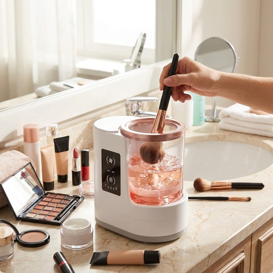 Electric makeup brush cleaner on vanity — lifestyle