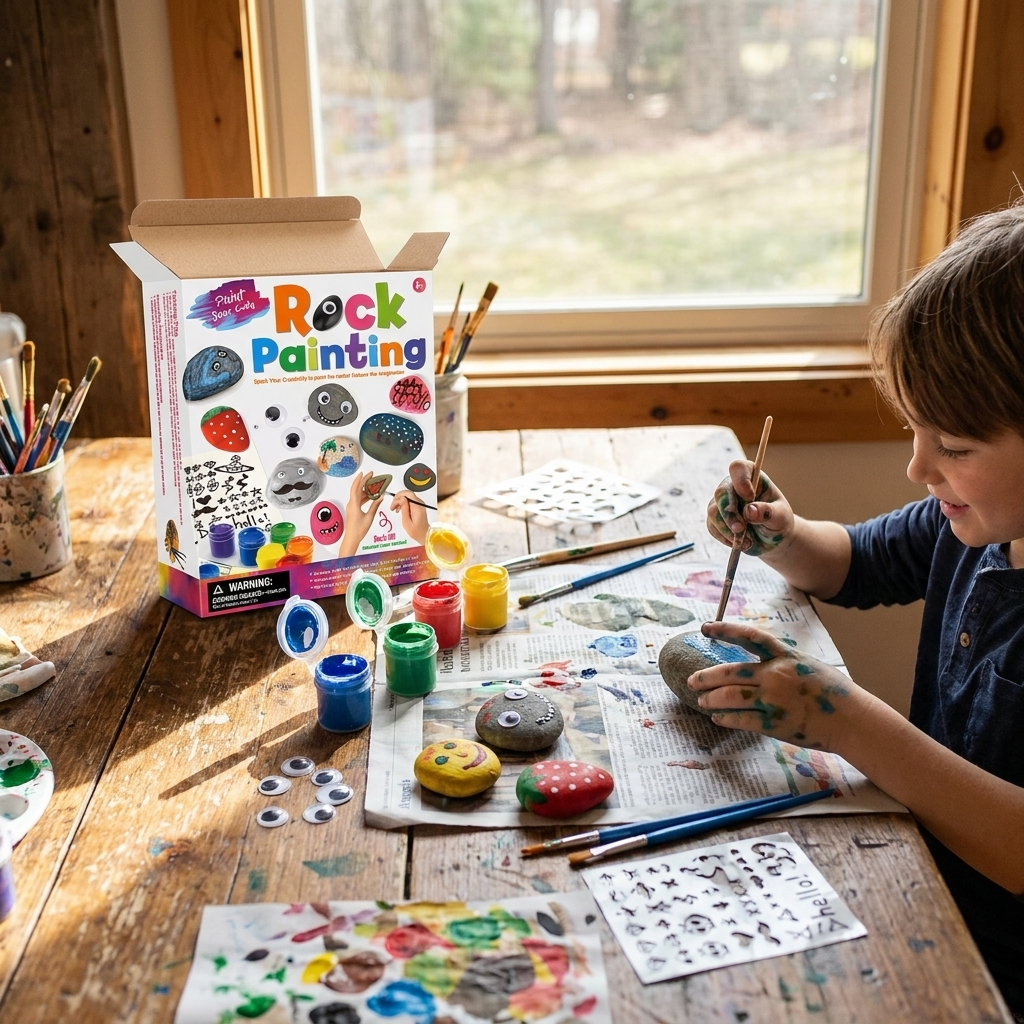 Stone painting kit with child crafting — lifestyle
