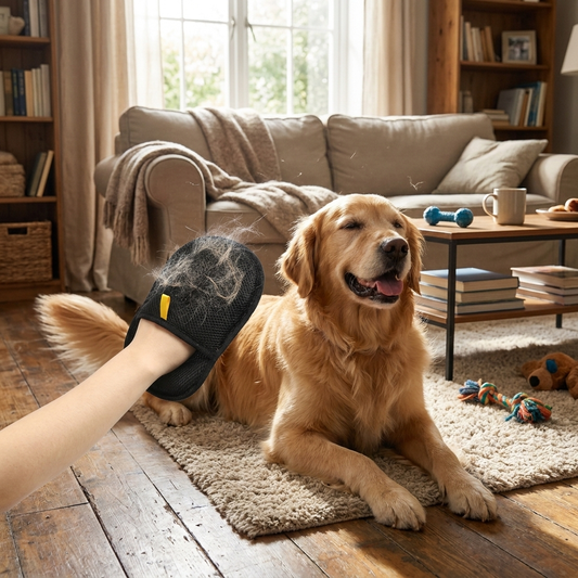 Pet grooming glove brushing dog — lifestyle