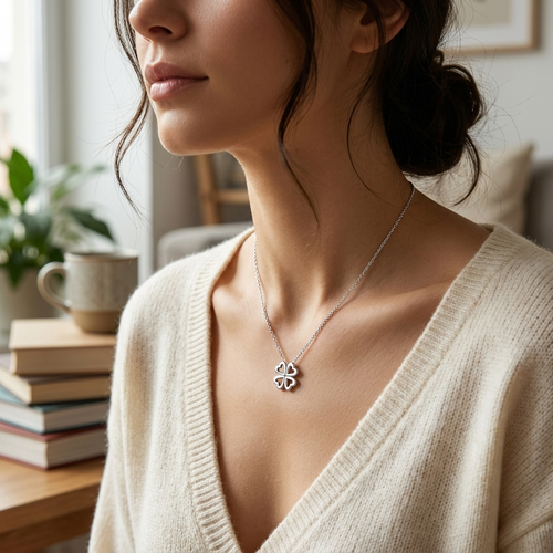 Clover pendant necklace worn on neck — lifestyle