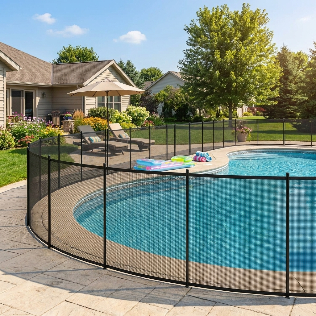 Pool safety fence around backyard pool — lifestyle