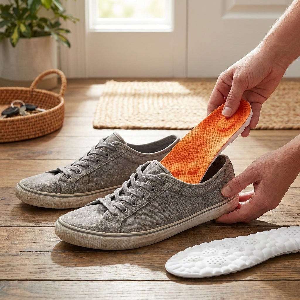 Massage insoles placed into sneakers — lifestyle