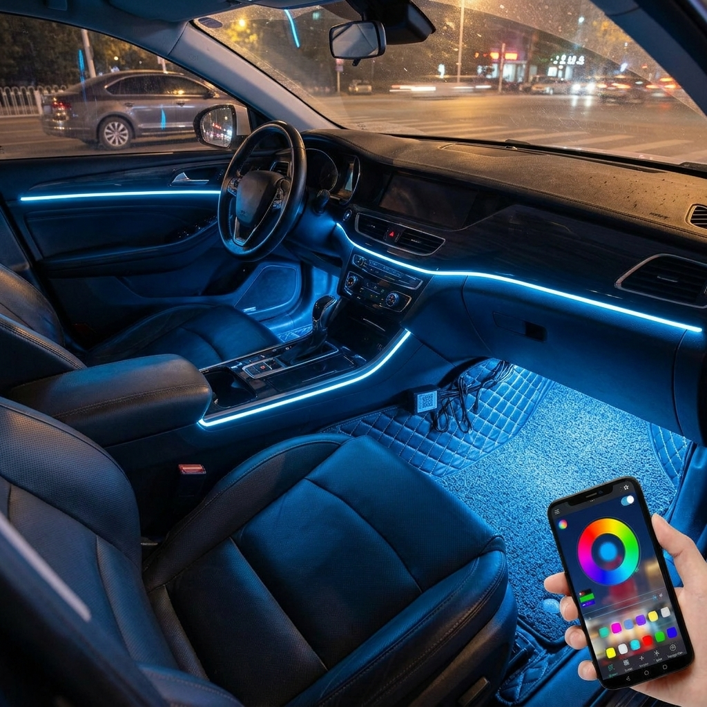 RGB LED strips glowing in car interior — lifestyle