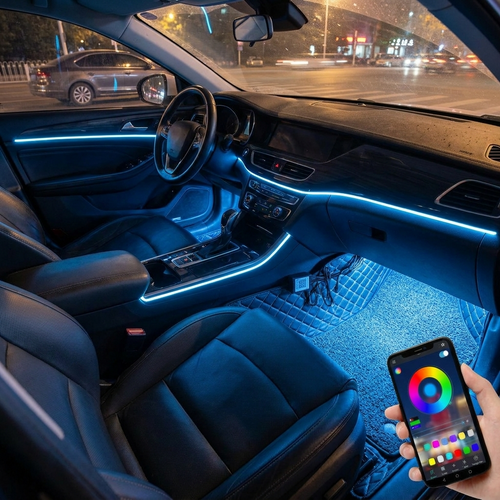 RGB LED strips glowing in car interior — lifestyle