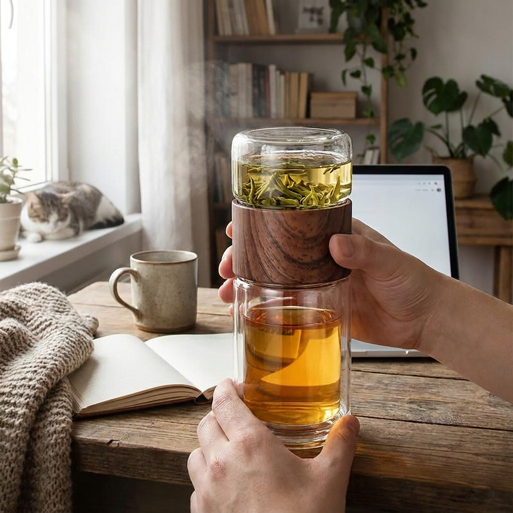 Glass tea tumbler with loose-leaf tea — lifestyle