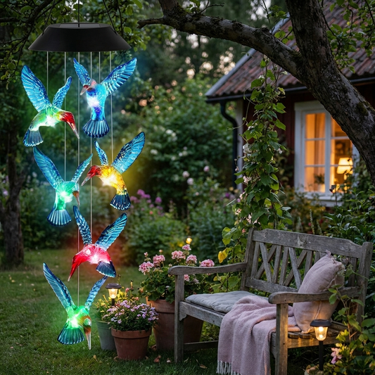 Solar hummingbird wind chime in garden — lifestyle