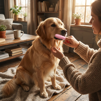 Pet finger toothbrush brushing dog's teeth — lifestyle