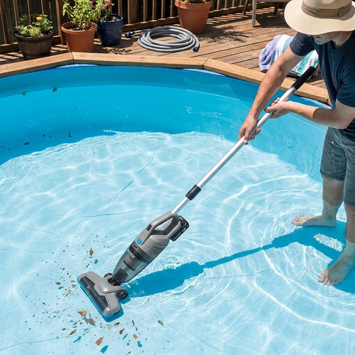 Handheld pool vacuum cleaning pool — lifestyle