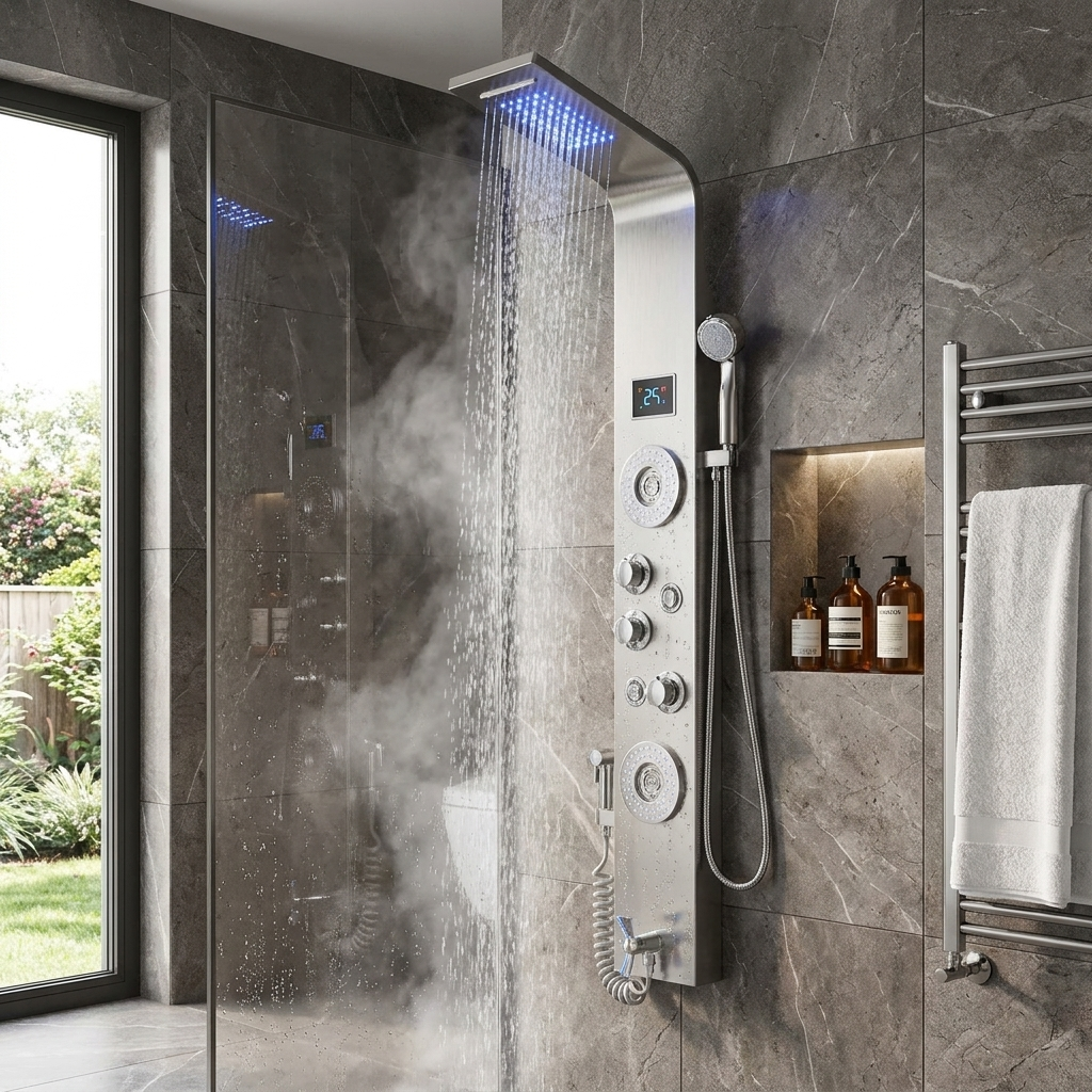 Rainfall shower panel in modern bathroom — lifestyle